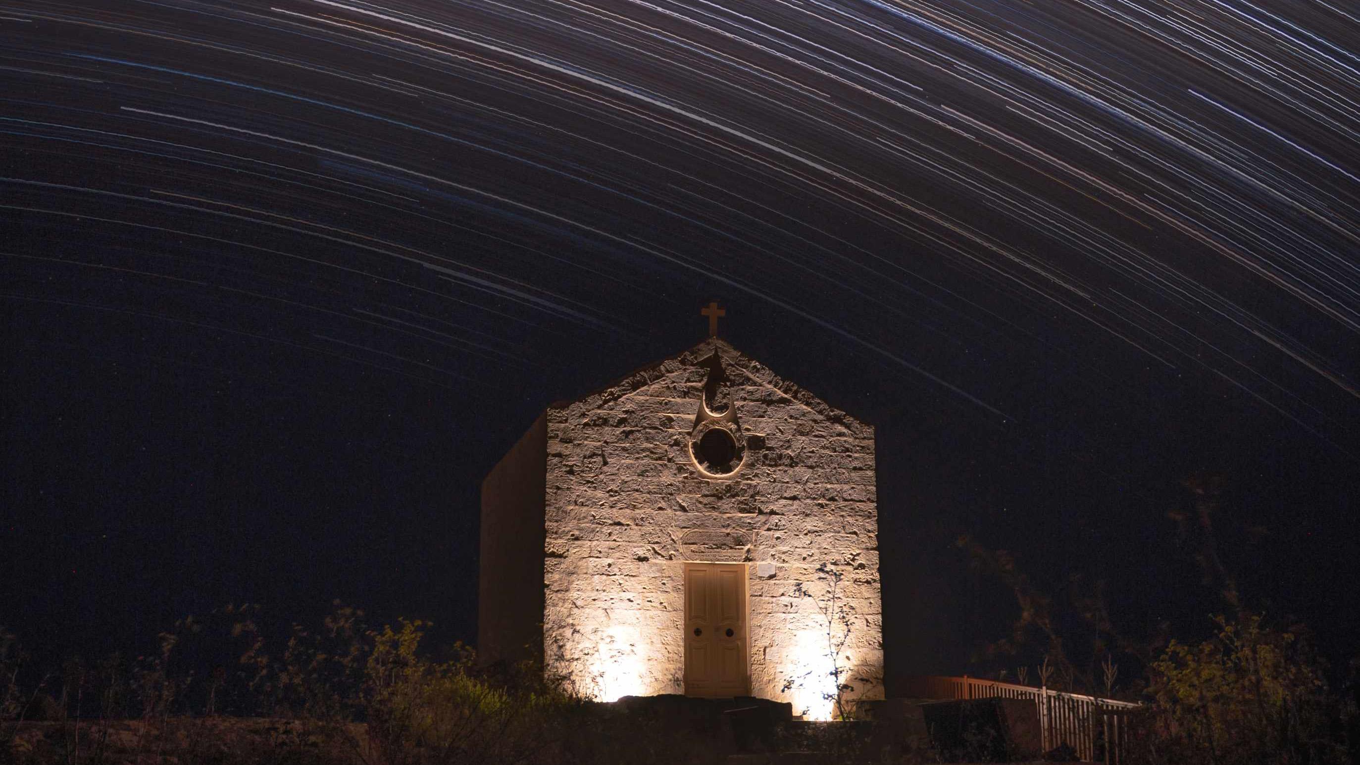chapel with star trails