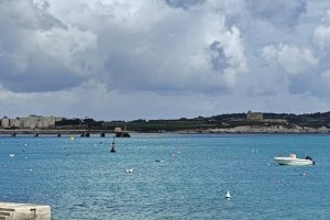The sea and land seen in the background with clouds in the sky