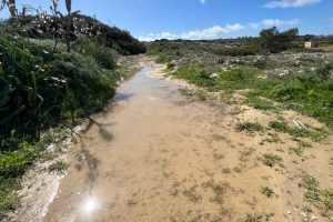 A flooded pathway with hills and grass on the side