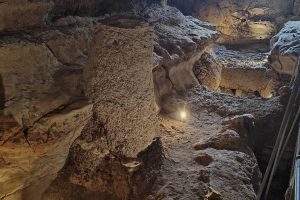 The interior of a cave, well lit