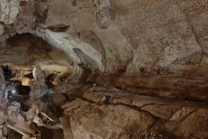 The interior of a cave, well lit