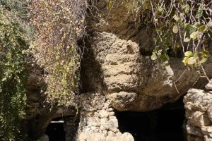Parts of a cave with a wall of small stones and a garland of vegetation draped over the top